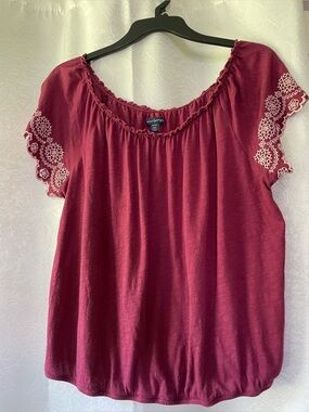 Women's Burgundy Embroidered Sleeve Peasant Top